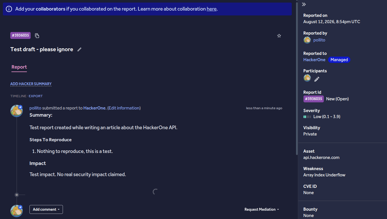 The submitted report in the browser